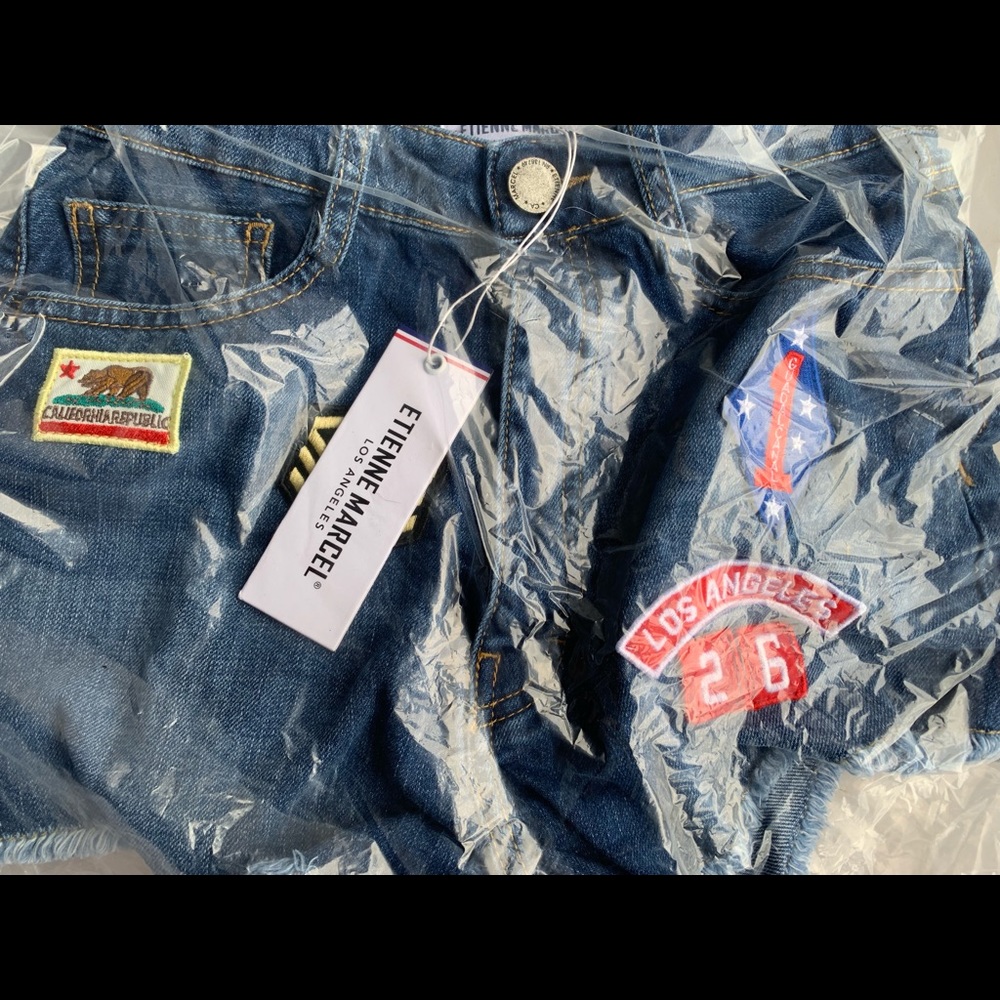 NWT. Etienne Marcel LA + Dark Blue Denim Patches Shorts - Picture 6 of 8
